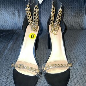 Nicole Miller Black Ankle Strap Heels with Gold Chain Accents